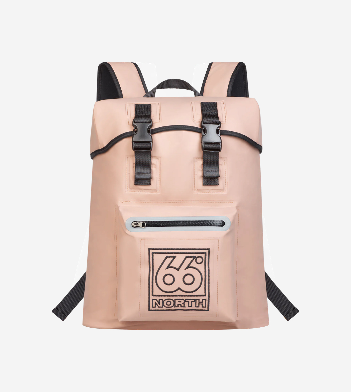 A pink backpack with a black logo on it.