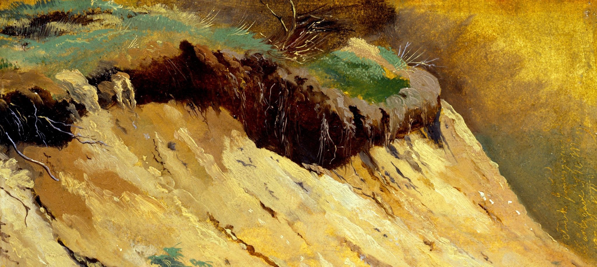 A painting of a cliff with trees on it.