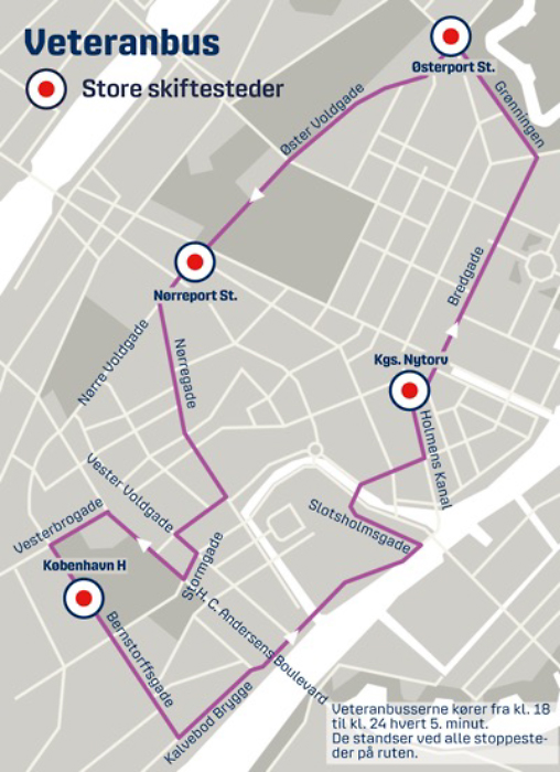 A map showing the route of the veteranbusser route around Copenhagen during Kulturnat.