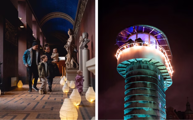Two pictures of a man and a woman standing in front of a tower.