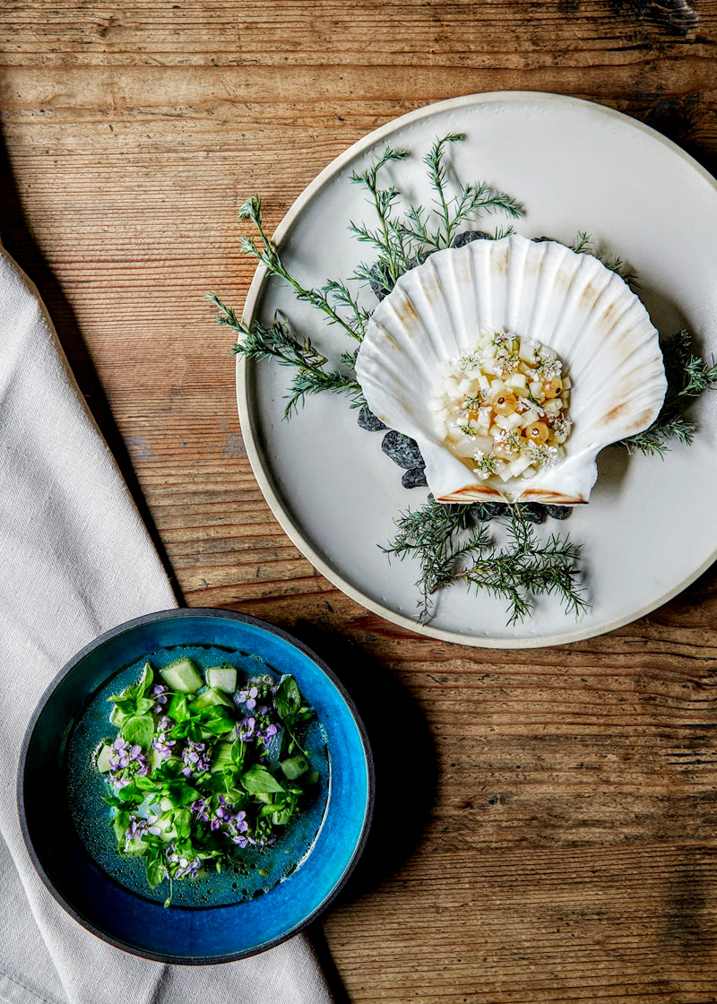 A plate with a bowl of greens at Copenhagen restaurants.