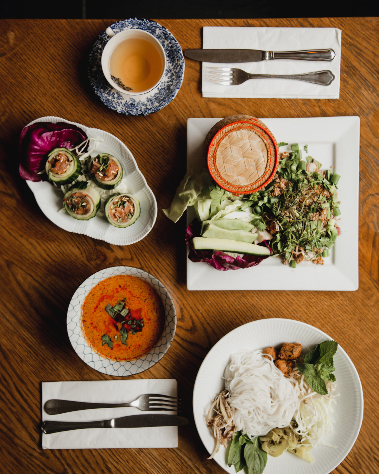 A table with plates of food at a Copenhagen restaurant.