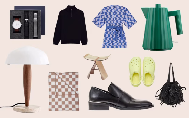 A stunning collection of Scandinavian gifts, featuring shoes, a lamp, and a vase.
