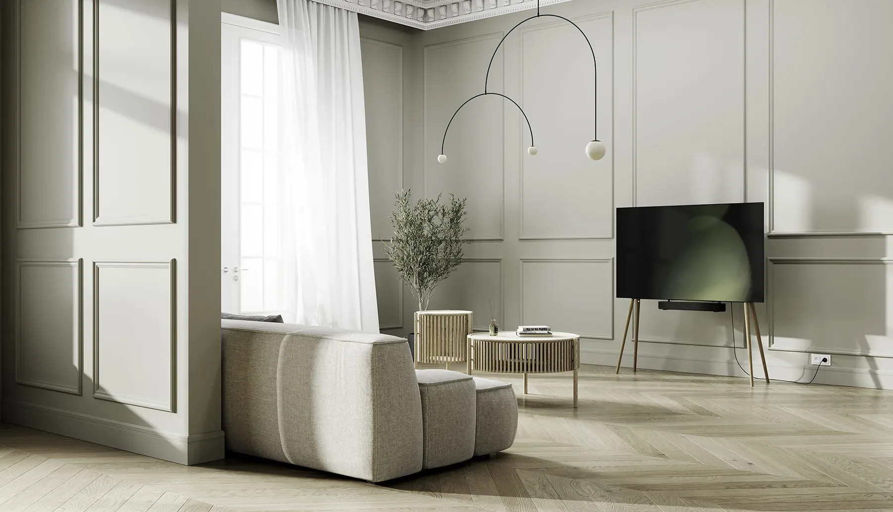A minimalist living room with wooden floors, a TV, and a JALG TV stand.