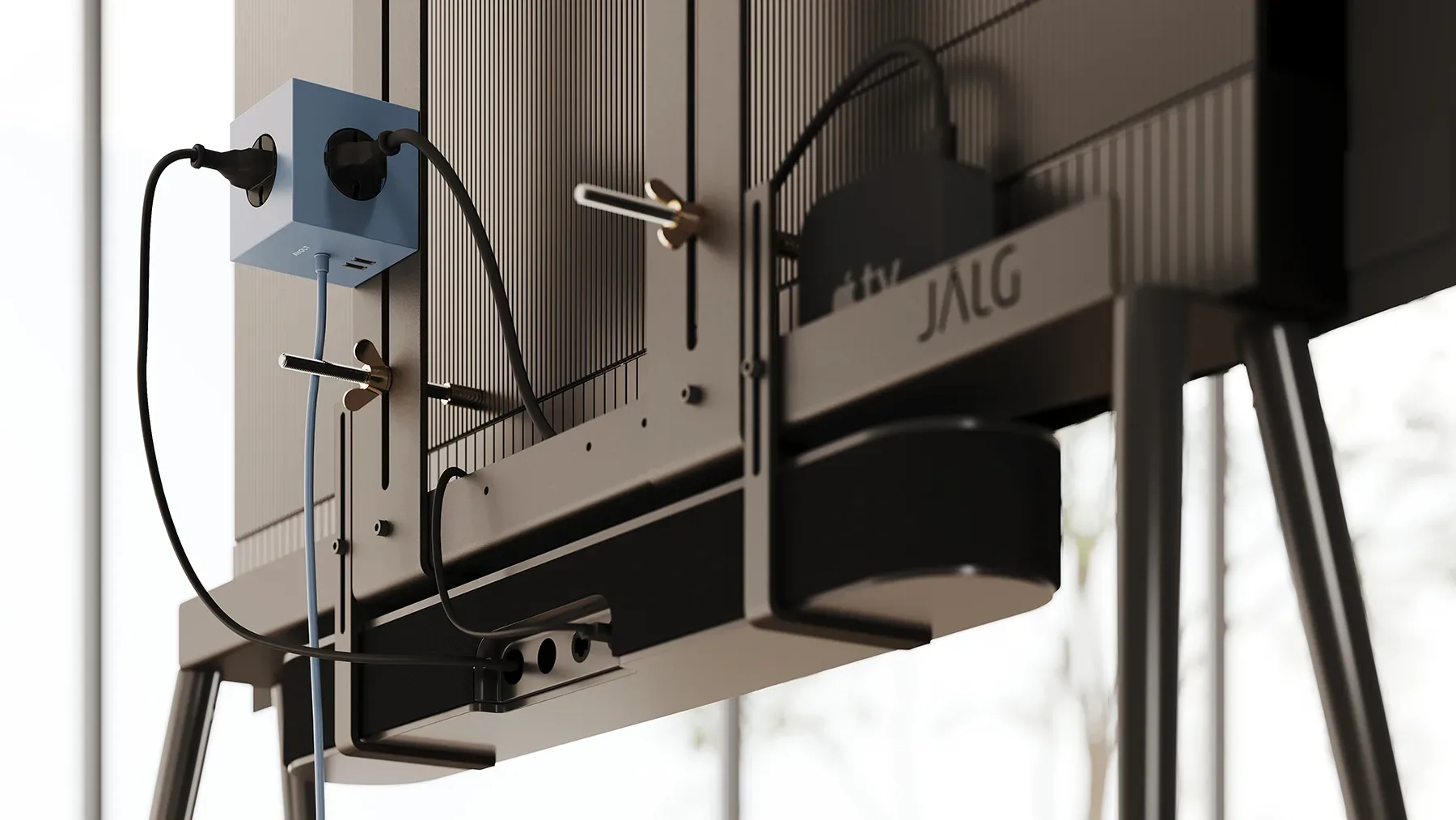 A minimalist tv with wires attached to it.