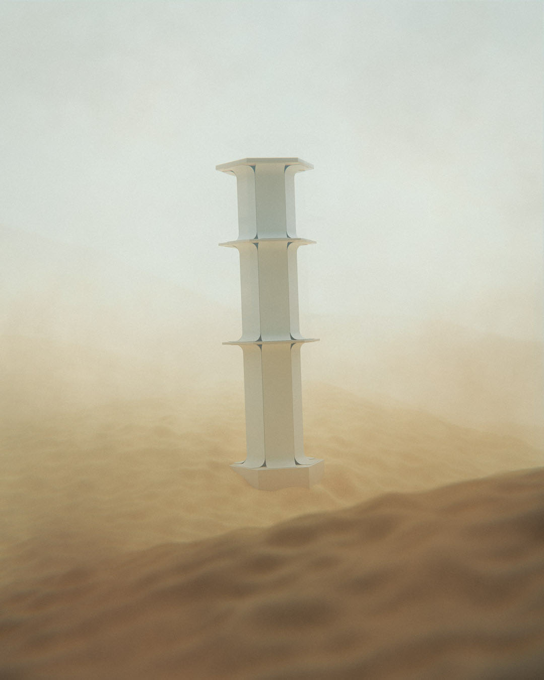 A narrow, tall white pillar consisting of several stacked segments stands in a misty, sandy environment, reminiscent of the ethereal pieces from the 2024 exhibition "Alter Ego."