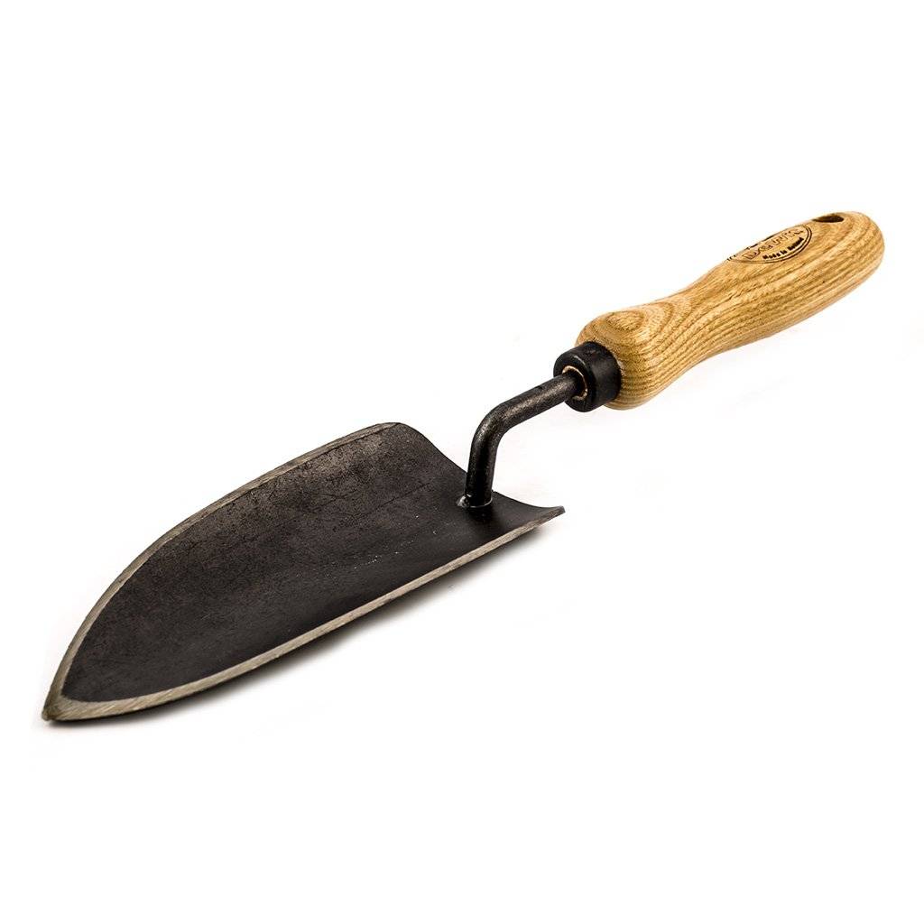 A hand garden trowel with a wooden handle and a curved, pointed metal blade, perfect for small space gardening.