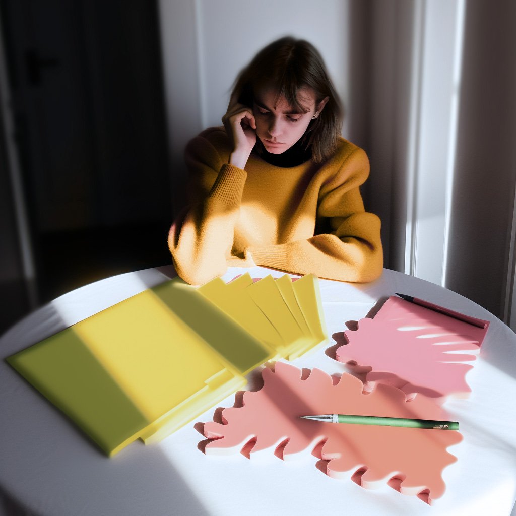 A portrait of Ebba Ebba Lindgren's "Artificial Intern": A person in a yellow sweater sits at a table with a contemplative expression. The table has yellow folders, pink leaf-shaped papers, and a green pen on it, all elements brought to life by AI.