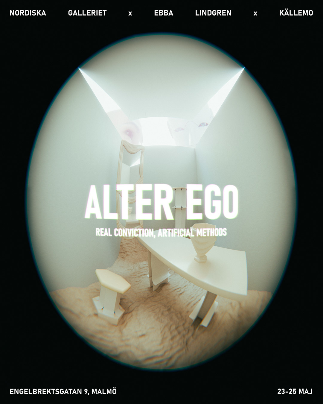 Poster for the Ebba Lindgren - Alter Ego Exhibition featuring abstract white furniture in a fisheye lens style, held at Engelbrektsgatan 9, Malmö, from May 23 to 25. Curators: Nordiska Galleriet, Ebba Lindgren, Källemo.