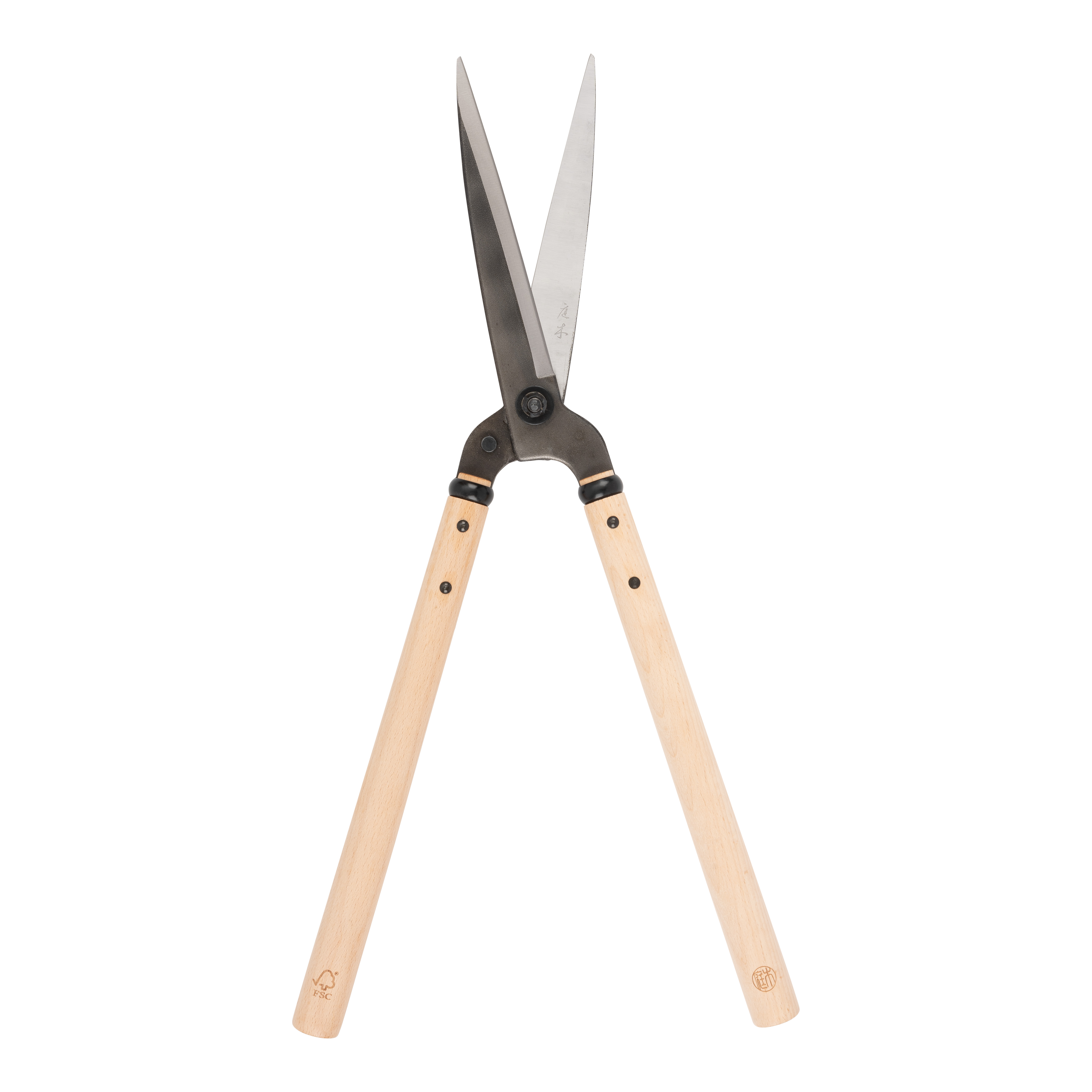 A pair of garden hedge shears with wooden handles and metal blades, designed for trimming bushes and hedges in small space gardening.