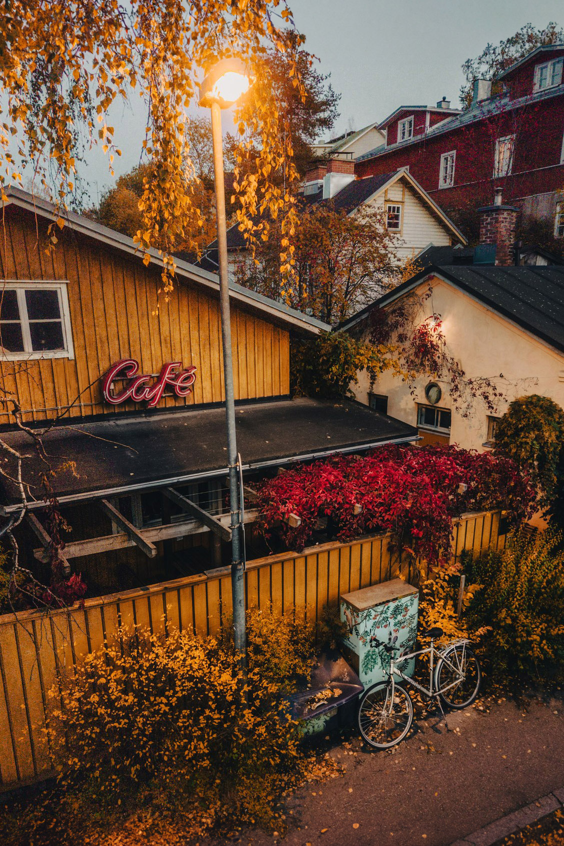 An outdoor cafe with a neon sign on a yellow wooden building, surrounded by autumn trees and foliage. A streetlight and parked bicycle are visible in the foreground.