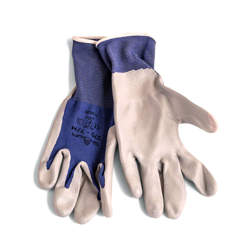 A pair of work gloves, blue and grey in color, made from a fabric and rubber-like material, ideal for small space gardening, placed overlapping on a white background.