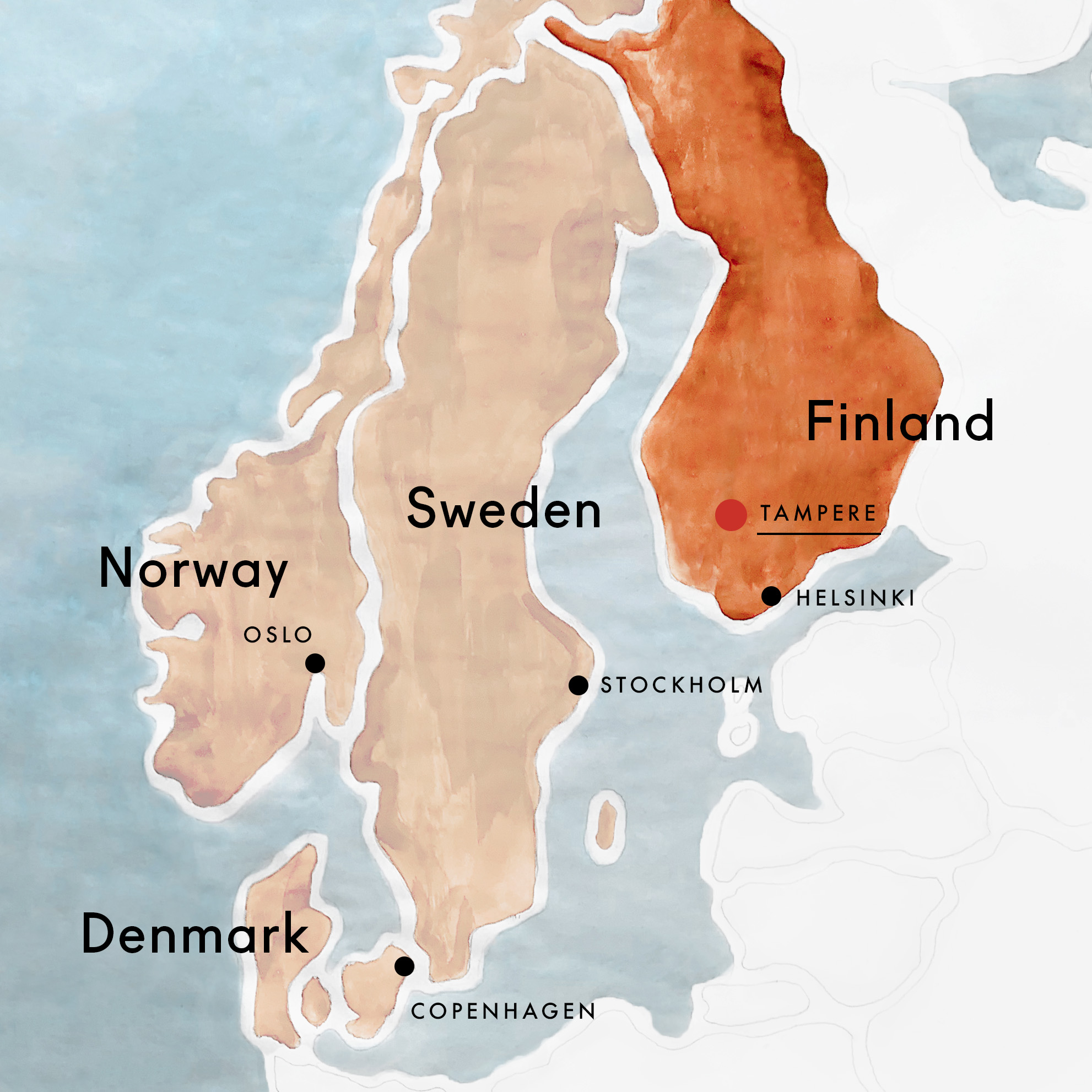 Map highlighting Scandinavian countries Norway, Sweden, Denmark, and Finland, with major cities Oslo, Stockholm, Copenhagen, Helsinki, and Tampere in Finland marked.