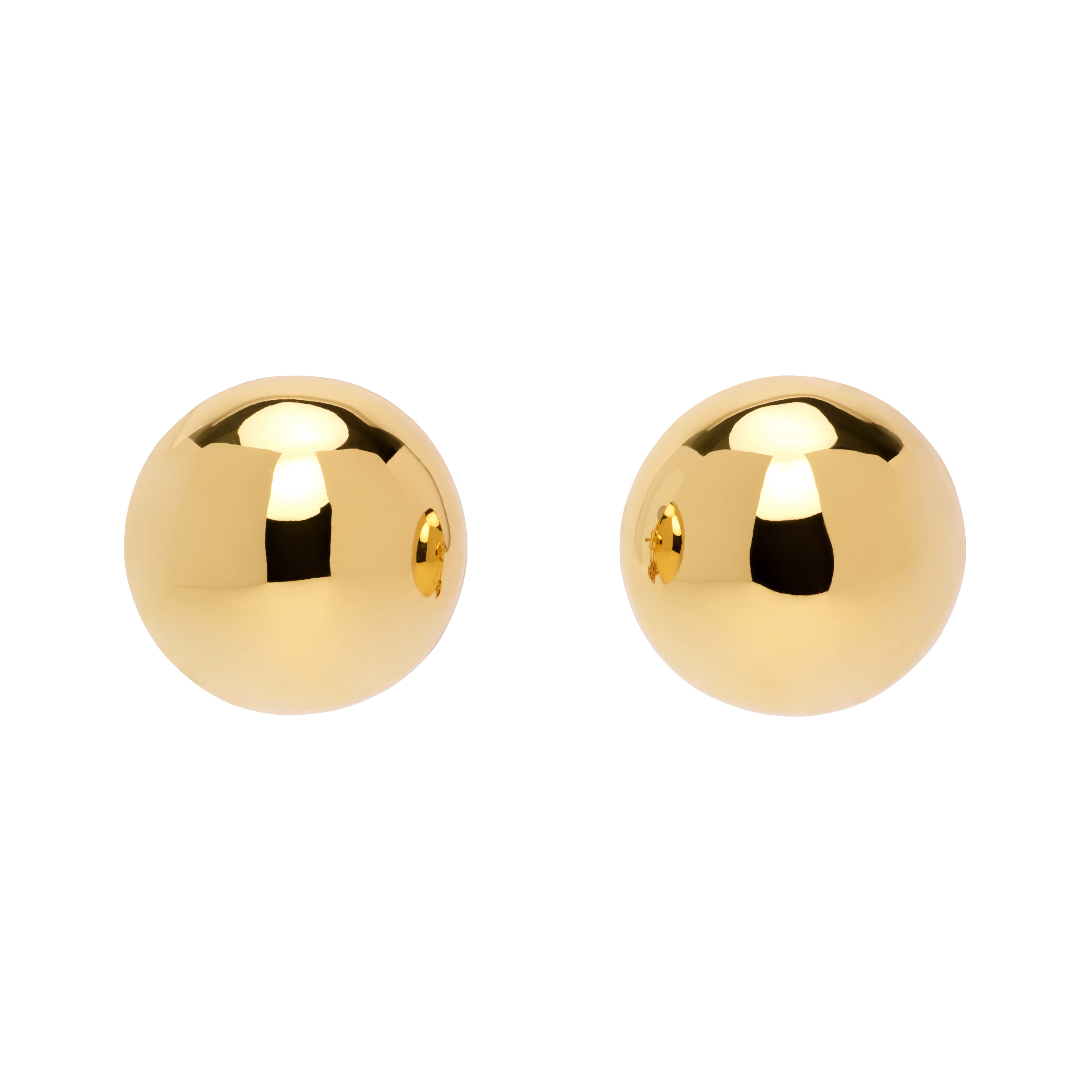 Two shiny, gold spherical earrings on a white background.