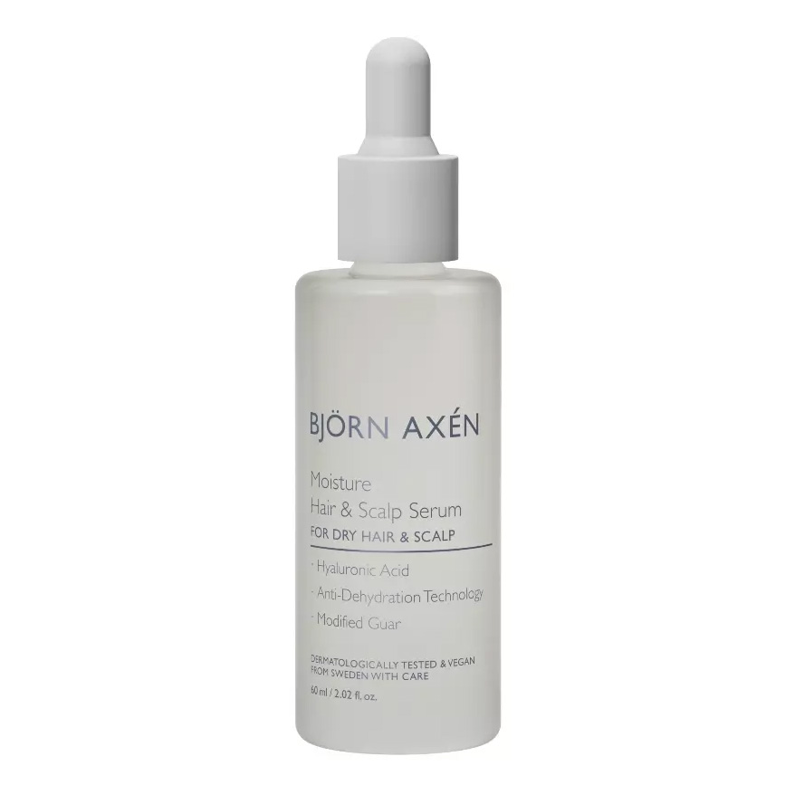 A bottle of Björn Axén Moisture Hair & Scalp Serum with a dropper cap, labeled for dry hair and scalp, featuring hyaluronic acid, anti-dehydration technology, and modified guar.