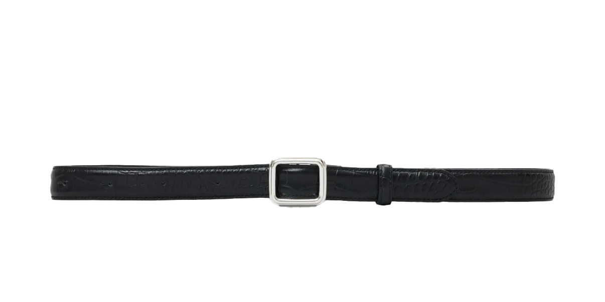 A slim black leather belt with a shiny silver buckle on a white background.