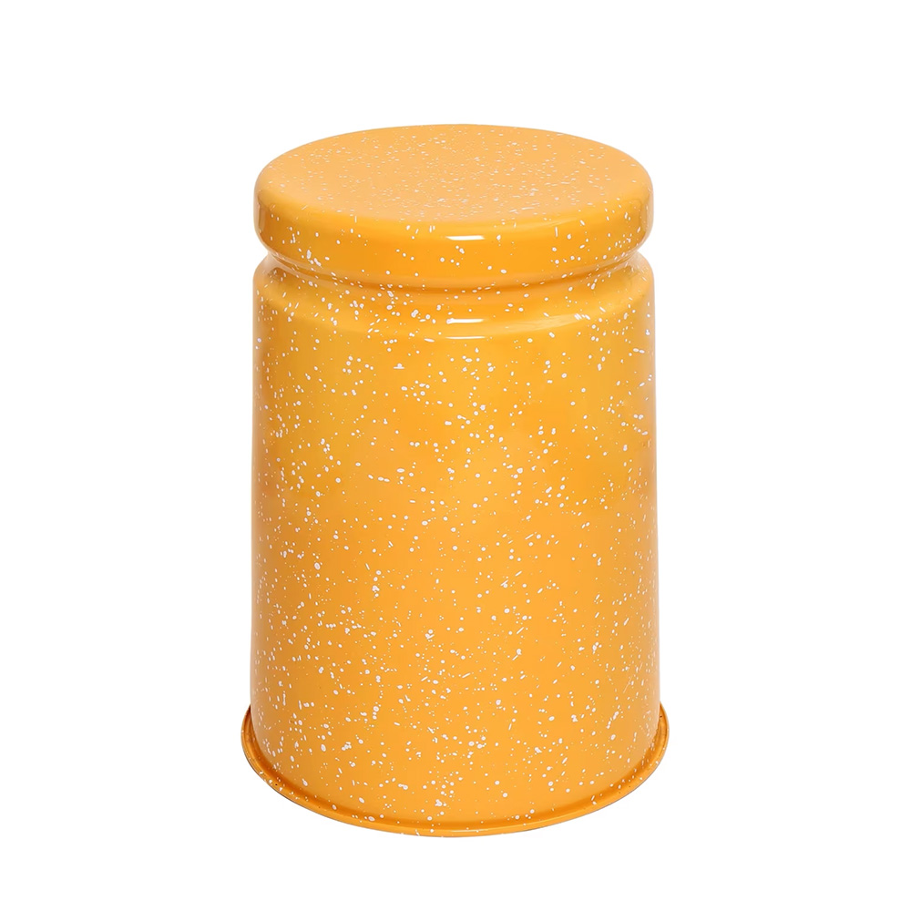 A speckled yellow cylindrical container with a lid.
