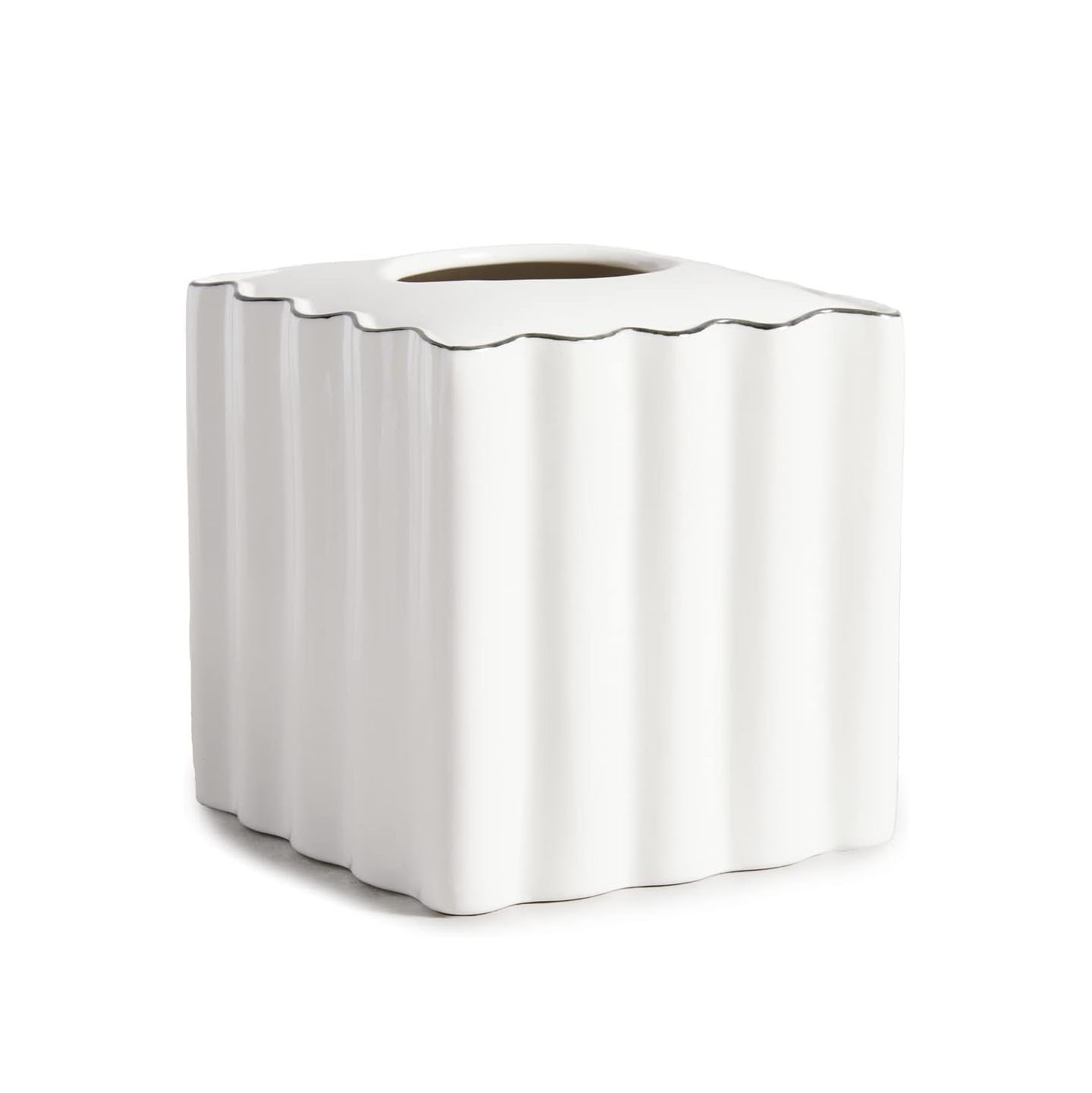 White ceramic cube with wavy sides and a round opening on top, resembling a tissue box cover.