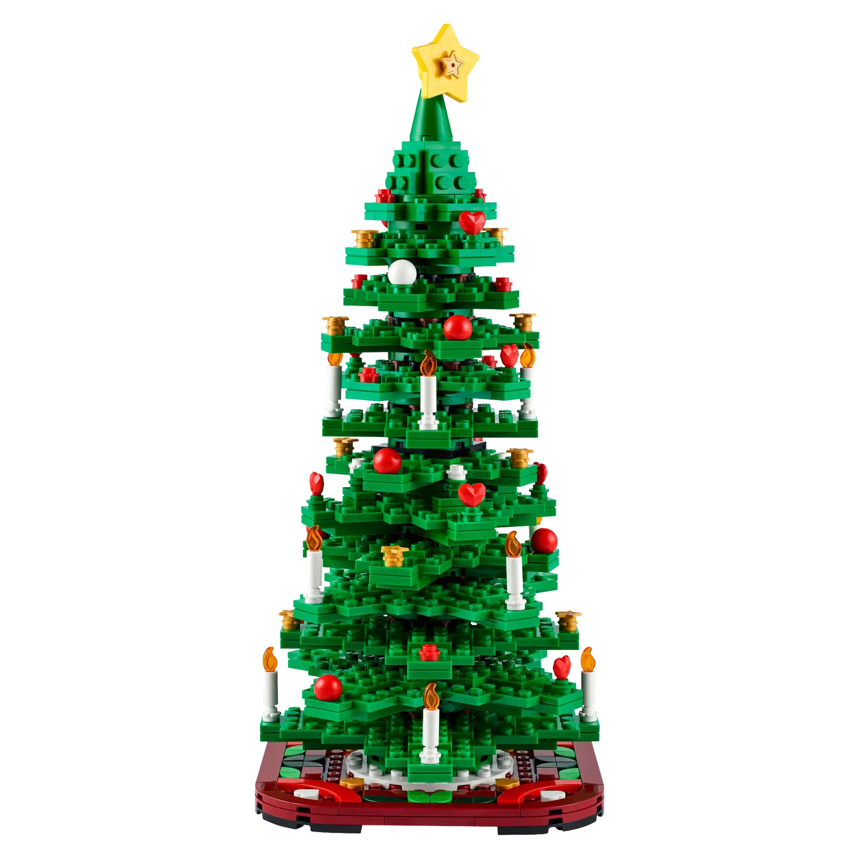 Lego Christmas tree with a star on top, decorated with red baubles, candles, and golden accents.