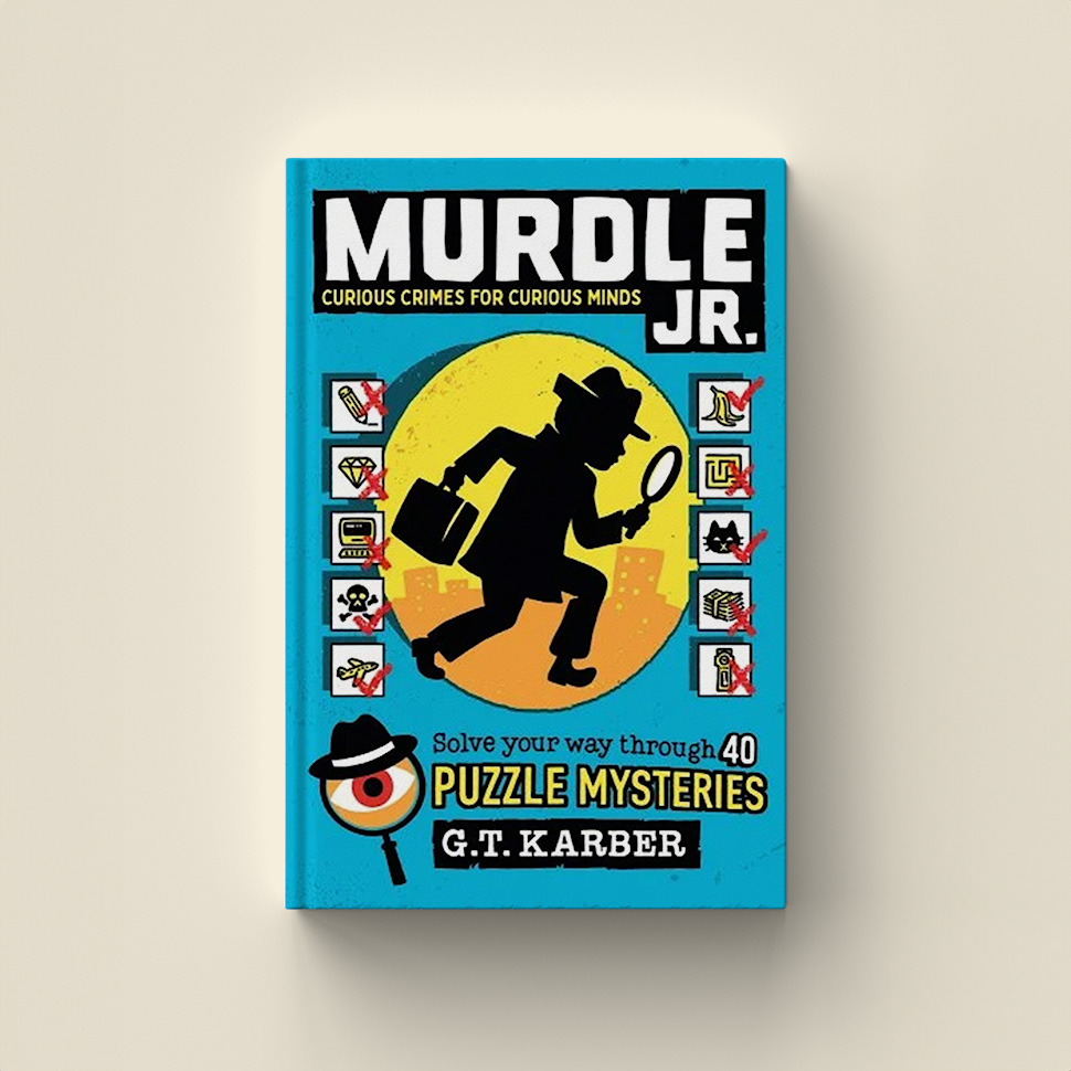 Cover of 'Murdle Jr.' by G.T. Karber. Features a silhouette of a detective and various small icons, with the tagline 'Solve your way through 40 puzzle mysteries.