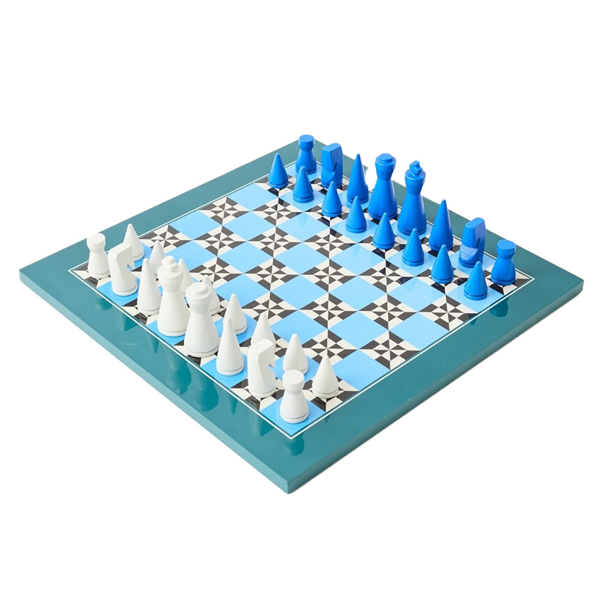 A modern chess set with blue and white abstract chess pieces on a blue and white checkered board.