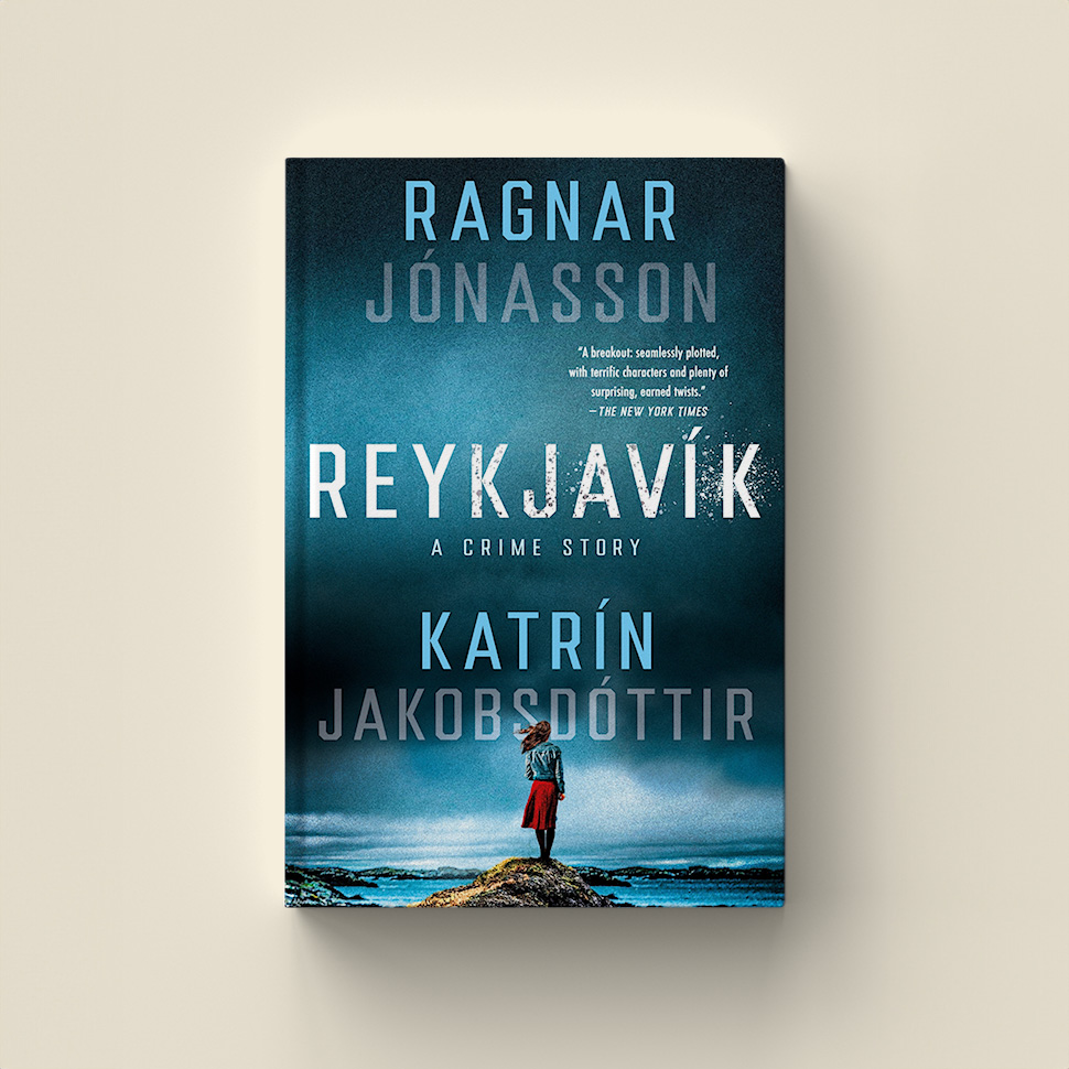 Book cover of 'Reykjavík: A Crime Story' by Ragnar Jónasson and Katrín Jakobsdóttir, featuring a figure in red standing on rocks by the sea, with a cloudy sky above.
