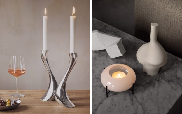 Left: Two tall silver candle holders with lit candles beside a glass of wine and snacks. Right: Round candle holder with a lit candle and ceramic vase on a marble surface.