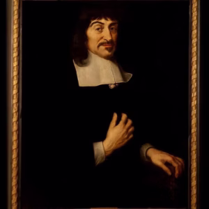 A formal oil portrait of Descartes with dark hair and a mustache, wearing a black coat with a white collar, posed with one hand on his chest and the other resting on a surface.