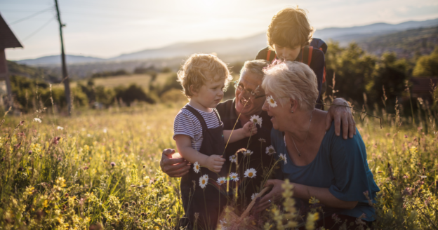 Two adults and two children are sitting together in a sunlit field with wildflowers, interacting and smiling.