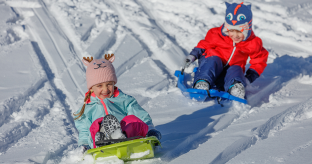 Two young children in winter clothes sledding down a snowy hill, each on a separate sled. The child in front wears a pink hat with antlers; the child behind wears a blue hat with an animal face.