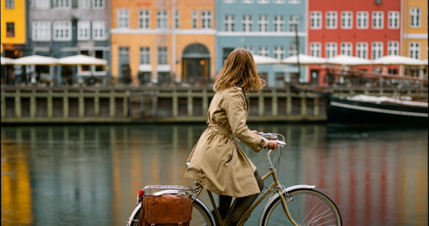A person in a beige trench coat rides a bicycle alongside a canal, with colorful buildings and outdoor seating in the background.