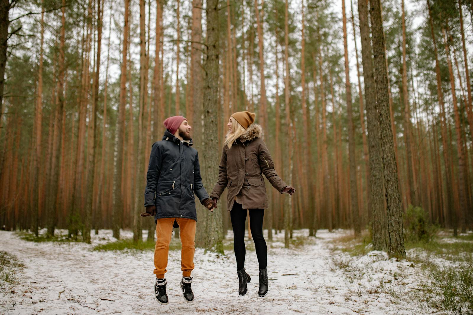 couple walking forest